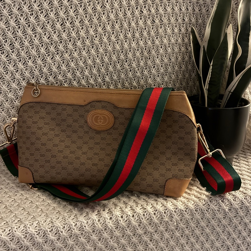 Gucci Brown GG Canvas Clutch with Tan Leather Trim
